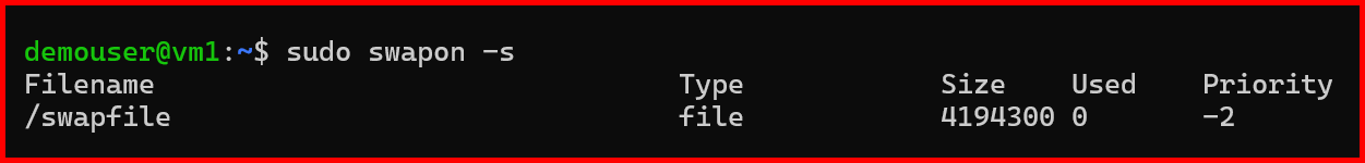 Picture showing checking the swap space using the sudo swapon -s command